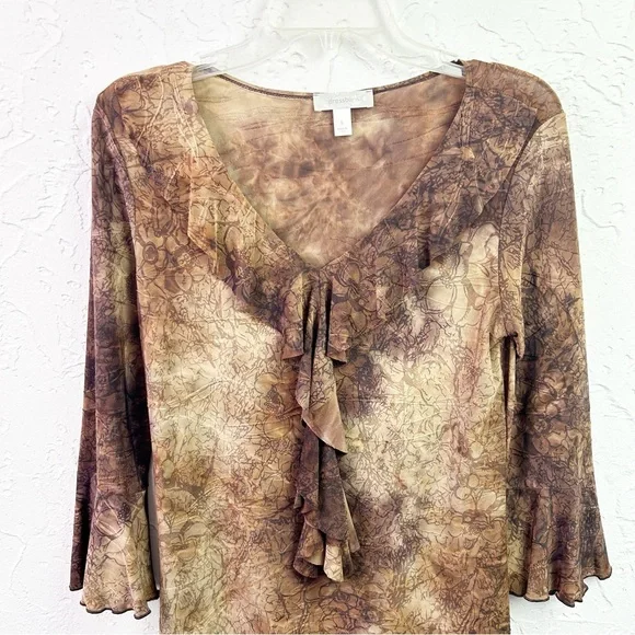 Vintage y2k Brown Tan Floral Ruffle V-neck Boho Fairy Whimsy Goth Blouse Small - Picture 2 of 8